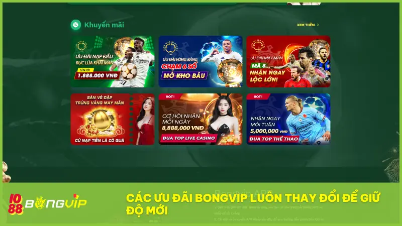 Khuyến mãi BongVip - Quà tặng mỗi ngày, ưu đãi từng phút 6 Các ưu đãi BONGVIP luôn thay đổi để giữ độ mới