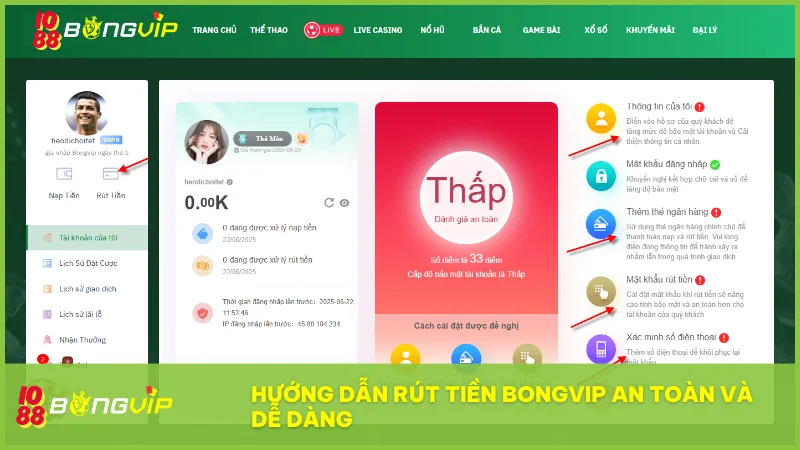 Hướng dẫn nạp rút bongvip nhanh chóng, an toàn | Nhận khuyến mãi 30% 5 Hướng dẫn nạp-rút BongVip giúp người chơi thực hiện giao dịch chỉ trong vài bước